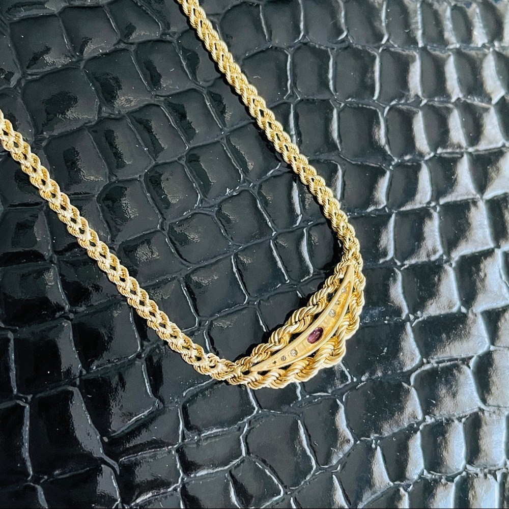 ESTATE 14K GOLD RUBY NECKLACE W/ DIAMONDS DOUBLE ROPE CHAIN - Picture 6 of 11